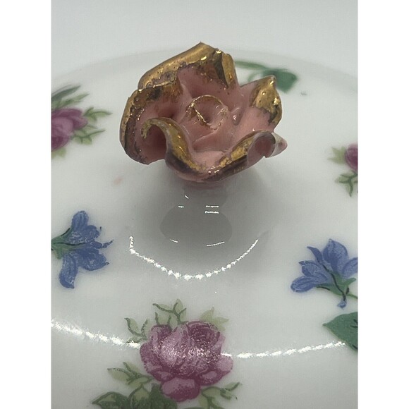 Vtg. White Porcelain Blue Pink Roses Jam Jar Sugar Bowl & Lid Floral UndePlate - Picture 4 of 14